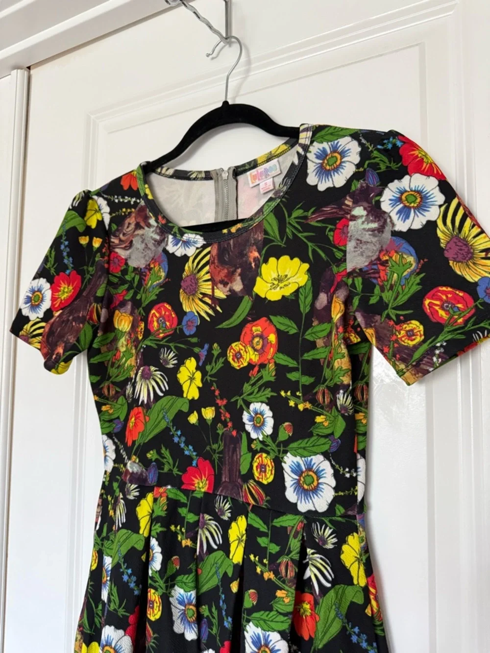 LuLaRoe Black Floral Short Sleeve Fit & Flare Dress with Multicolor Blooms - Picture 2 of 4